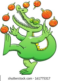 Cool alligator having fun while laughing loudly, raising his arms and a leg and juggling beautiful Christmas balls with a lot of energy and talent