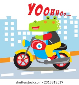 cool alligator and motorcycle cute animal cartoon, vector illustration. Creative vector childish background for fabrics, textiles, nursery wallpapers, posters, cards, flyers. and other decorations.