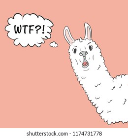 Cool Alpaca illustration with WTF typography slogan for t-shirt and other uses. Vector cartoon funny character with text speech bubble. Comic animal fashion tee symbol.