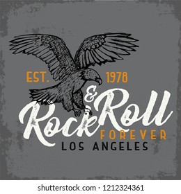 cool American eagle sketch illustration with rock and roll typography vector.