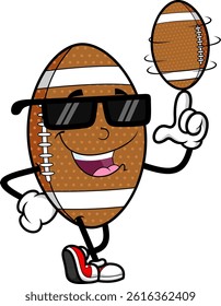 Cool American Football Mascot Spinning Ball On Finger - Vector Hand Drawn Illustration Isolated On Transparent Background