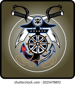 cool anchor logo with sword and pirate hat