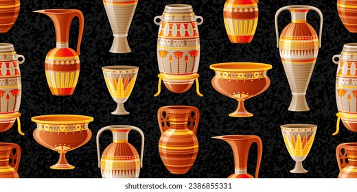 Kühle alte Vase Muster. Nahtlose, moderne schwarze Dekoration. Innenkeramik. Töpferei im ägyptischen Stil. Vase-Muster. Nahtlose Vektorgrafik-Hintergrund. Alte Tonpfanne, Ölsaft, Urn, Amphora-Tapete