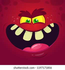 Cool angry cartoon monster face. Vector Halloween red monster avatar