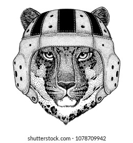 Cool animal wearing rugby helmet Extreme sport game Wild cat Leopard Cat-o'-mountain Panther Hand drawn picture for tattoo, emblem, badge, logo, patch, t-shirt