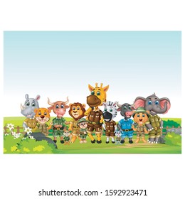 Cool Animal Wildlife Cartoon Set With Grass Hill Landscape View Background Cartoon
