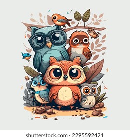 Cool Animals Such as a Fox, Raccoon, and Owl, designed in a cute and cartoonish style - T-shirt design graphic - Animals Vector