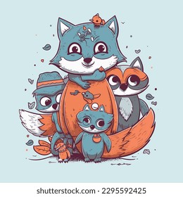 Cool Animals Such as a Fox, Raccoon, and Owl, designed in a cute and cartoonish style - T-shirt design graphic - Animals Vector