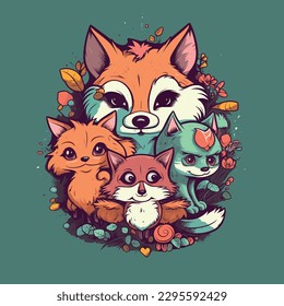 Cool Animals Such as a Fox, Raccoon, and Owl, designed in a cute and cartoonish style - T-shirt design graphic - Animals Vector