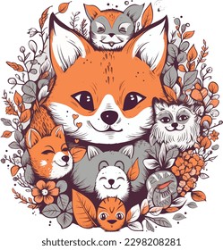 Cool Animals Such as a Fox, Raccoon, designed in a cute and cartoonish style - T-shirt design graphic - Animals Vector