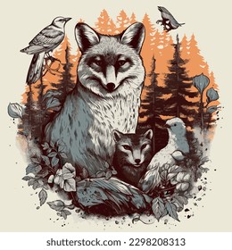 Cool Animals Such as a Fox, Raccoon, designed in a cute and cartoonish style - T-shirt design graphic - Animals Vector