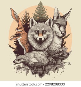 Cool Animals Such as a Fox, Raccoon, designed in a cute and cartoonish style - T-shirt design graphic - Animals Vector