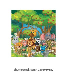 Cool Animals Wildlife In Forest With Trees And Flower Cartoon