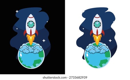 Imagen de Vector animado fresco de un cohete espacial con nubes y la tierra.