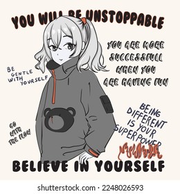 cool anime girl illustration. cute girl drawing. girl graphic design. she wears a teddy bear sweatshirt. t-shirt print.