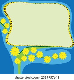 Cool announcement board on a twig with yellow flowers and blue border; bid space for writing set on a flowery twig
