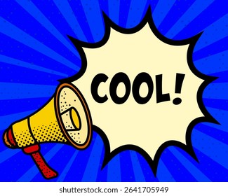 Cool announcement speech bubble. Megaphone, speech burst, comic style, bright background, communication element, expression tool, voice projection, information sharing, pop art design.