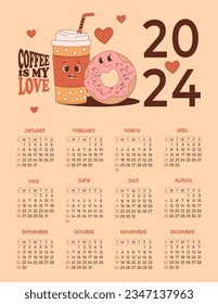 Cool annual calendar 2024 Cute retro couple characters coffee in paper cup and donut. Vector vertical template for 12 months in English. Week starts Sunday. Stationery, printing, organizer, decor