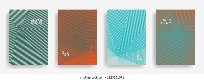 Cool annual report design vector collection. Halftone stripes texture cover page layout templates set. Report covers geometric design, business booklet pages corporate backgrounds.