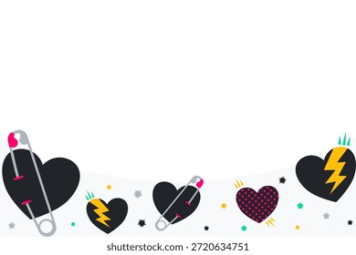 Fundo legal do Dia dos Namorados com espaço de cópia de borda inferior. Modelo rebelde com corações negros punk e parafusos. Layout de design plano vetorial para banner de moda adolescente ou folheto de festa.