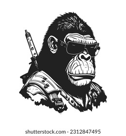 A cool ape with glasses and weapons on his back