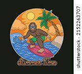A cool ape is surfing on the beach with a sunset view

