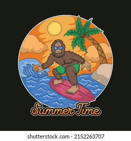 A cool ape is surfing on the beach with a sunset view

