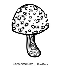 Cool art with mushroom. Vector illustration with line art  toadstool mushroom.