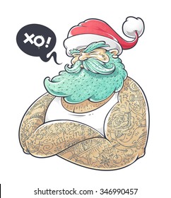 Cool art of tattooed Santa Claus. Hipster Santa vector illustration.