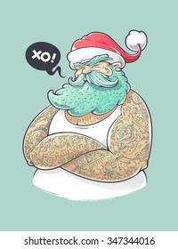Cool art of tattooed Santa Claus. Hipster Santa vector illustration.