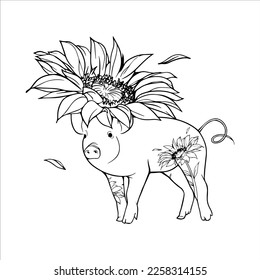 cool and artistic pig flower hat monster hand drawn. black and white. Perfect for your doodle design elements, murals, coloring books and others.