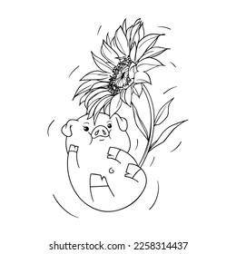 cool and artistic pig wearing umbrella monster hand drawn. black and white. Perfect for your doodle design elements, murals, coloring books and others.