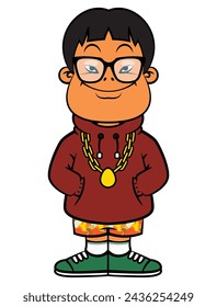 Cool Asian Boy cartoon characters wearing branded streetwear like eyeglasses, hoodie jacket, camouflage short pants, and sneakers. Best for sticker, logo, and mascot with fashion themes