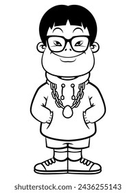 Cool Asian Boy cartoon characters wearing branded streetwear like eyeglasses, hoodie jacket, short pants, and sneakers. Best for outline, logo, and coloring book with fashion themes