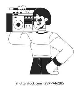 Cool asian girl carrying boombox on shoulder black and white 2D line cartoon character. 80s sunglasses young woman isolated vector outline person. Music retro monochromatic flat spot illustration