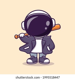 Cool Astronaut With Baseball Bat And Jacket Cartoon Vector Icon Illustration. Science Sport  Icon Concept Isolated Premium Vector. Flat Cartoon Style