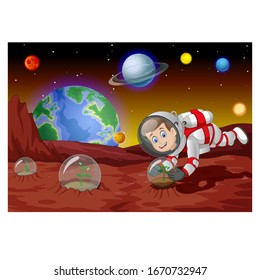 Cool Astronaut Boy in White Red Suit Uniform Planting In Mars Surface With Planets in Background Cartoon