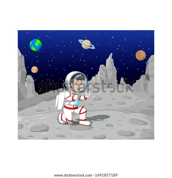 Cool Astronaut Man in White Suit On\
Moon Surface With Other Planets in Background\
Cartoon