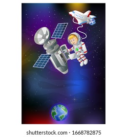Cool Astronaut in rot-weißer Uniform-Anzug mit Satelit, Raketenflugzeug-Shuttle und Earth-Planet-Cartoon