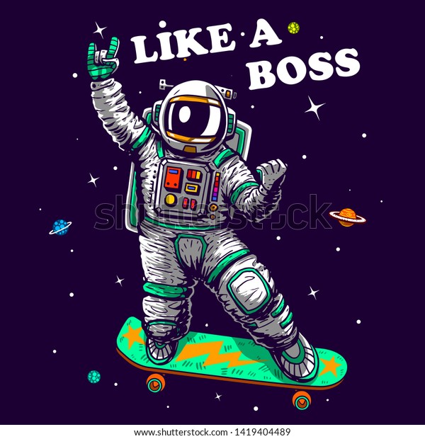 ボススローガンのように 宇宙でスケートする宇宙飛行士のスケートを ベクター漫画風イラストのtシャツのグラプス壁紙 家庭の織物のベビーシャワーパジャマのプリントデザイン のベクター画像素材 ロイヤリティフリー
