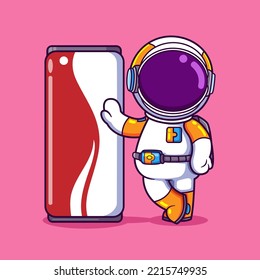 The cool astronaut is standing and posing near the big canned drink of illustration