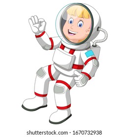 Cool Astronautenfrau auf weißem rotem Anzug, einheitlicher Cartoon