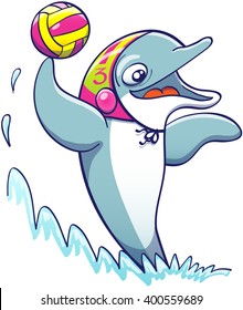 Cool athletic dolphin wearing a colorful cap, smiling and keeping balance out of the water thanks to the power of its tail while holding a ball and preparing to shoot while playing water polo