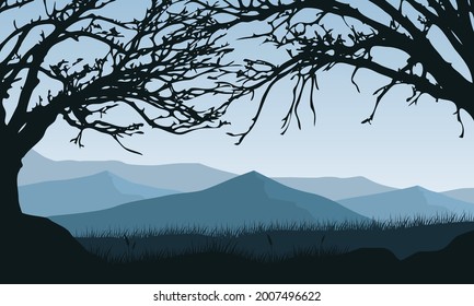Cool atmosphere in the countryside with a fantastic view of the mountains on a sunny morning. Vector illustration of a city