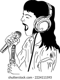 Cool Attractive Crazy Kid Girl Singing Song Vector Illustration, Rockstar School Girl Singing Sketch Drawing, Kid Girl Holding Mic And Singing, Singing Clip Art And Symbol