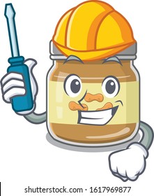 Cool automotive peanut butter in cartoon character style
