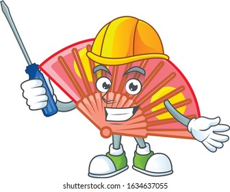 Cool automotive red chinese folding fan in cartoon character style