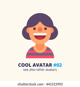 Cool avatar #02. Woman friendly smiling. Modern simple and clear design. Vector icon in flat style.