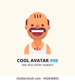 Cool avatar #06. Bald man with a mustache in a singlet smiling. Modern simple and clear design. Vector icon in flat style.