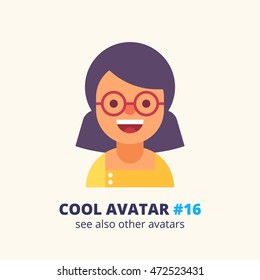 Cool avatar #16. Pretty smart girl is friendly smiling. Vector icon in flat style.